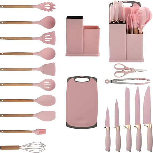 19-Piece Pink Kitchen Utensils Set - Silicone Cooking Utensils, Non-Toxic Spatula Set, Kitchen Tools, Cutting Board, Pink cooking utensils set