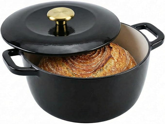 5QT Enamel Cast Iron Dutch Oven with Lid,Dual Handles,Versatile Heavy-Duty Non-toxic Cookware for Sourdough Bread Baking,Braising,Stews,Roasting,Oven Safe up to 500°F black