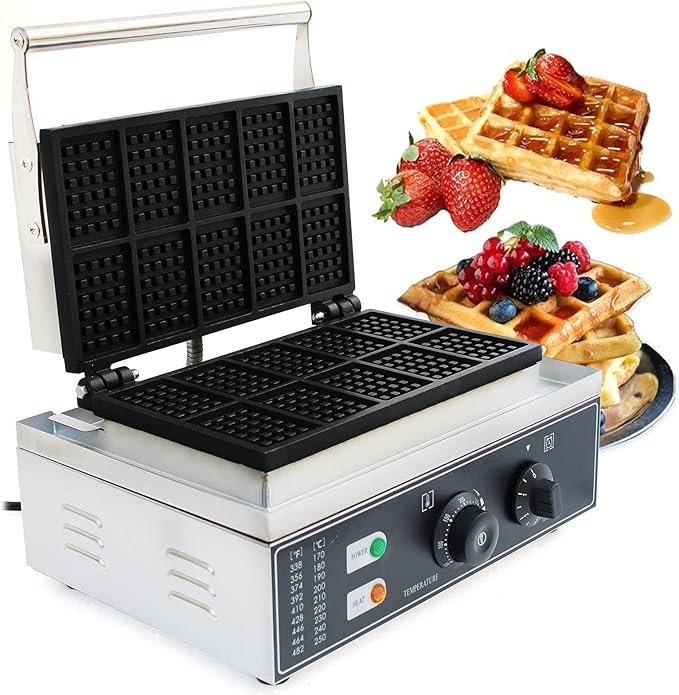 Commercial Non-Stick 110V Electric 10-Slice Waffle Maker Baking Machine, Non-Stick Commercial Electric Waffle Maker, Electric Indoor Waffle Maker Bread Maker with Non-Stick Cast Iron Pan