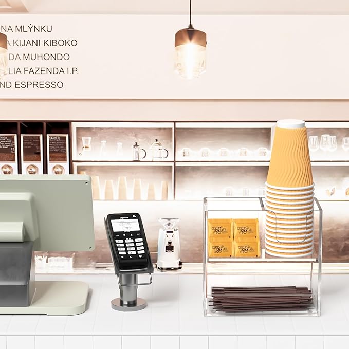 Coffee Condiment and Cup Organizer - 2-Tier Upright Cup and Lid Holder with Straw Organizer 3 Compartments Clear Acrylic Cup Dispenser for Restaurant Breakroom Coffee Station Countertop