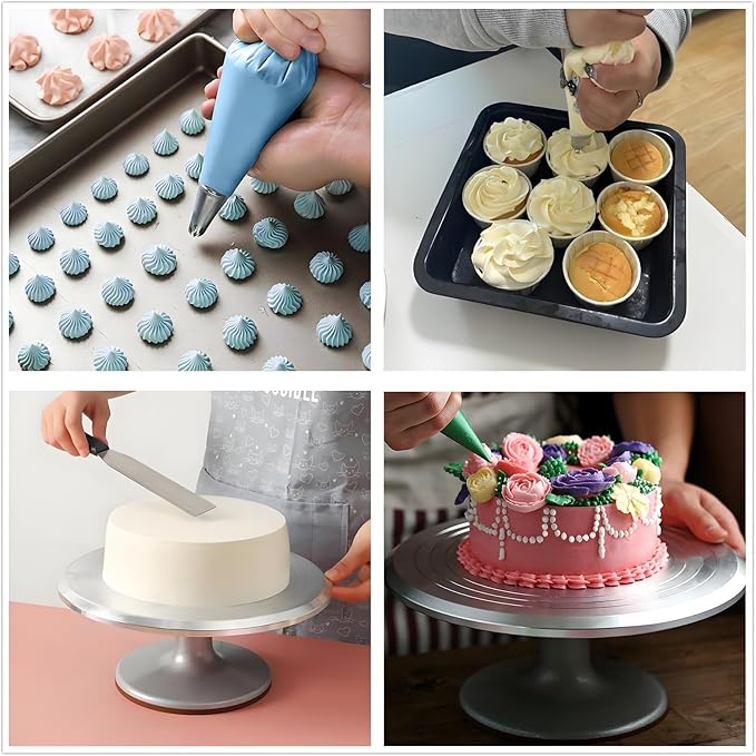 237 Pcs Cake Decorating Kit with Aluminium Cake Turntable,Leveler,24 Numbered Icing Tips,2 Spatulas,3 Scrapers,2 Coupler,50 Cupcake Liners,50 Cake Flags,100 Pastry Bags & More Baking Tools