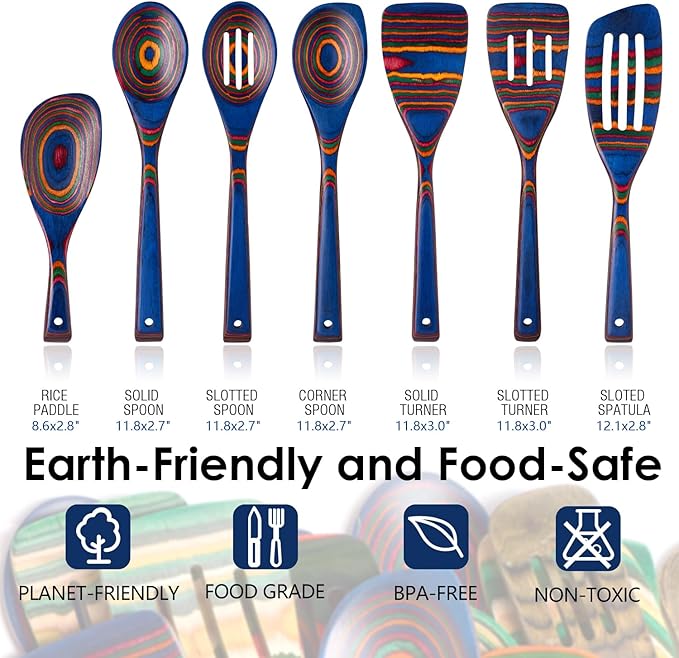 Wooden Spoons for Cooking, Pakkawood Kitchen Utensil Set Spectrum Color, Premium Durable Wooden Utensils for Nonstick Cookware, Heat Resistant, Smooth Finish, Comfortable Grip, 7 Piece