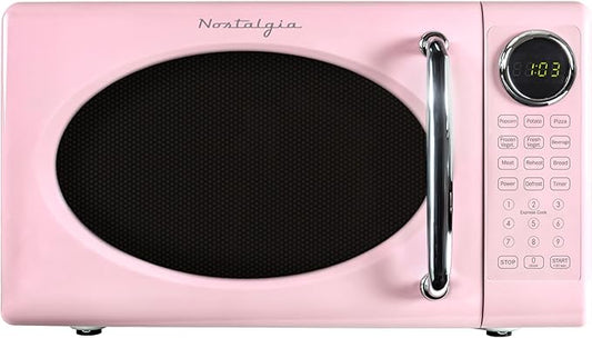 Nostalgia Retro Microwave Oven - 0.7 Cu Ft, 700-Watt Countertop Size with Glass Turntable, Child Safety Lock, 8 Auto-Cook Programs, Digital Clock - Pink