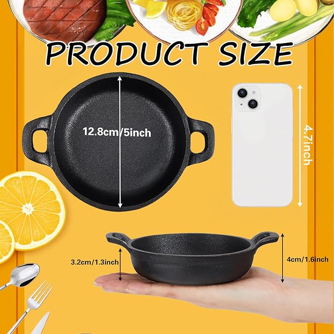 Mini Cast Iron Skillets Set of 6, 5 x 5 x 1.3 Inch Small Cast Iron Pan with Handles, Mini Ramekins Round Black Casserole Dish Cookware Small Skillets for Serving Food Frying Baking Cooking Roasting