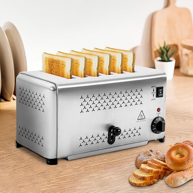 6 Slice Bread Toaster, 1650W Stainless Steel Commercial Toaster with Wide Slots, Electric Bread Baking Machine with Timing Function, 5 Settings for Restaurant Kitchen, Bakery, Home Use