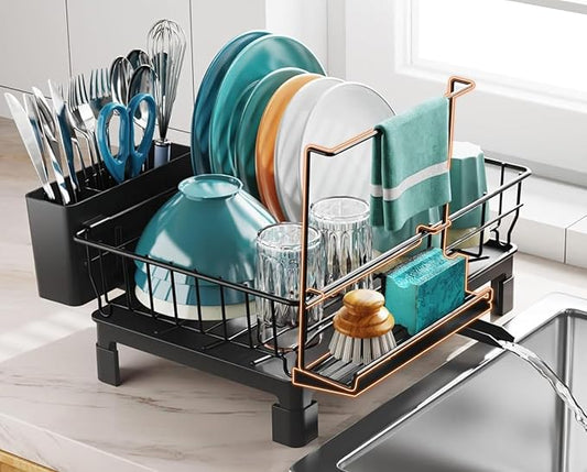 GSlife Small Dish Drying Rack for Kitchen Counter with Sponge Holder - Compact Dish Drainer for RV, Camper and Apartment, Rust-Resistant Wire Rack with Drainboard & Utensil Holder (Black)