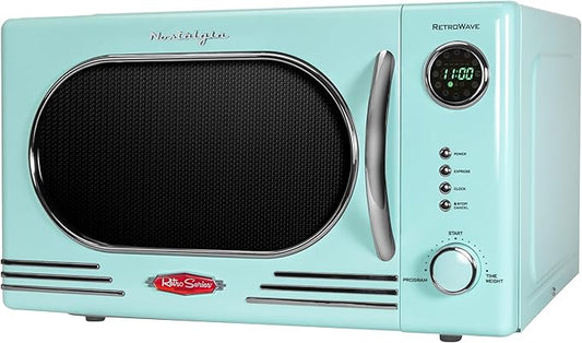 Nostalgia NRMO11AQ6A 1000 Watt Power Retro Countertop Microwave Oven Easy to Clean with Removable Glass Turntable-Child Safety Lock-12 Programs-Digital Clock, 1.1 Cu Ft, Aqua