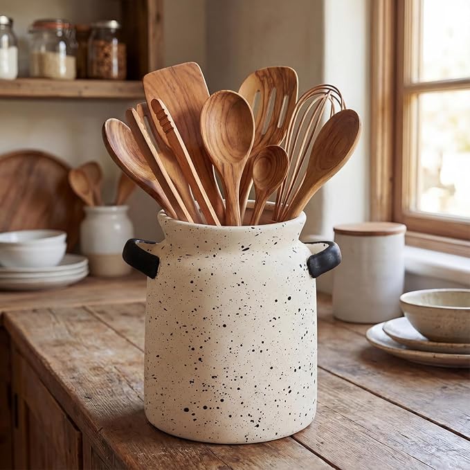 Qinyoung Rustic Kitchen Utensil Holder 6 Inch Small Ceramic Utensil Holder with Handle Vintage Crock Decoration Spatula Organizer for Kitchen Countertop Farmhouse Party Supplies(Beige,Speckled)
