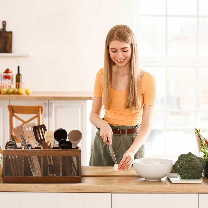 8 Compartments Large Kitchen Utensil Holder Organizer for Counter or Countertop with Absorbing Stone, Extra Large Acacia Rustic Wood Utensil Holder for Storage Cooking and Silverware