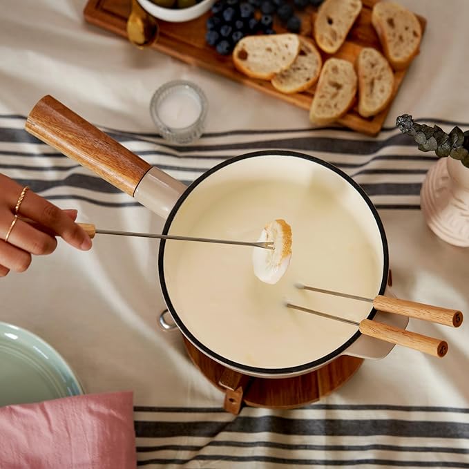 Twine Farmhouse Kitchen Enamel Cast Iron Set Cheese Melting Fondue Pot Metal Stainless Steel Forks and Wood Stand, Beige Set of 1
