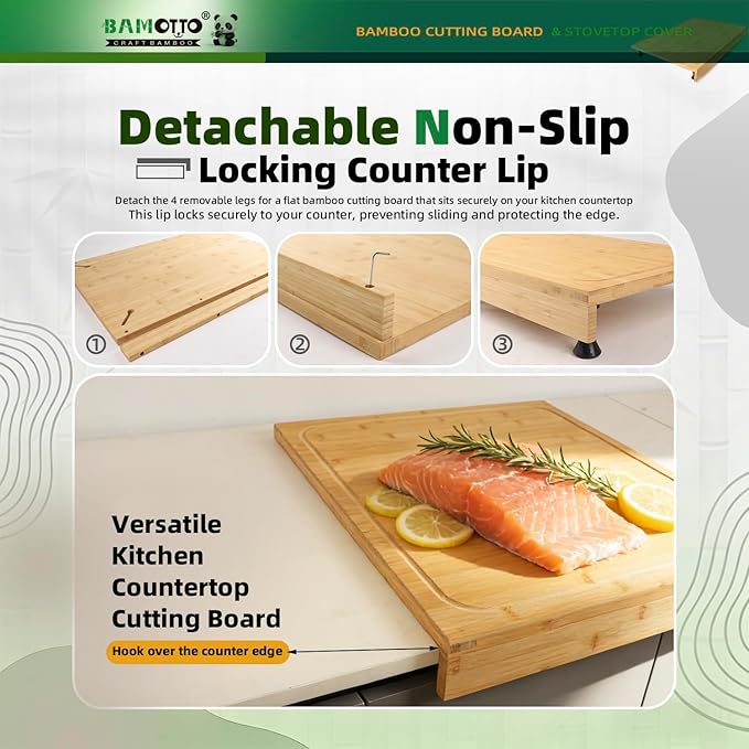 20 x 22 Inch Bamboo Cutting Board, Stovetop Cover and Over-the-Sink Board with Detachable Legs & Non-Slip Front Lip, Reversible Kitchen Counter Chopping Board