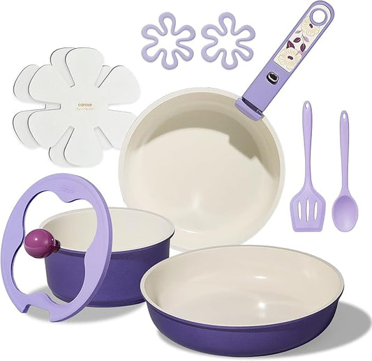 CAROTE 11pcs Ceramic Cookware Set, Pots and Pans Set Non stick, Induction Kitchen Cookware with Removable Handle, RV Dishwasher ＆ Oven Safe, RV/Camping Cookware, PFOA Free, Purple