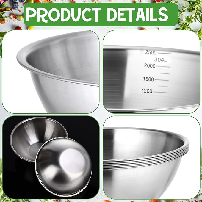 Honeydak 6 Pcs 304 Stainless Steel Mixing Bowls with Graduations, Salad Bowls Metal Serving Reusable Baking Food Storage Containers for Baking Cooking Salads Soups Ice Cream Noodles (84 oz)