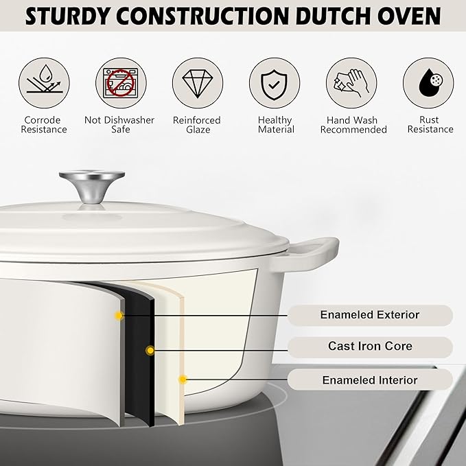 TeamFar Oval Dutch Oven, 5qt Enameled Cast Iron Dutch Oven Pot with Lid, For Bread Baking/Stewing/Braising/Frying, Suitable for Various Stoves, Non-stick & Easy Clean, White