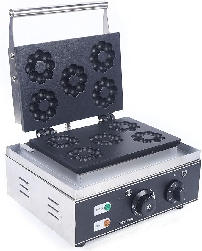 Donut Maker 1500W Donut Waffle Baking Machine Commercial Set 5 Dounts Maker Waffle Maker Non Stick Plates Detachable Dessert Toaster Perfect for Breakfast Dessert Shop