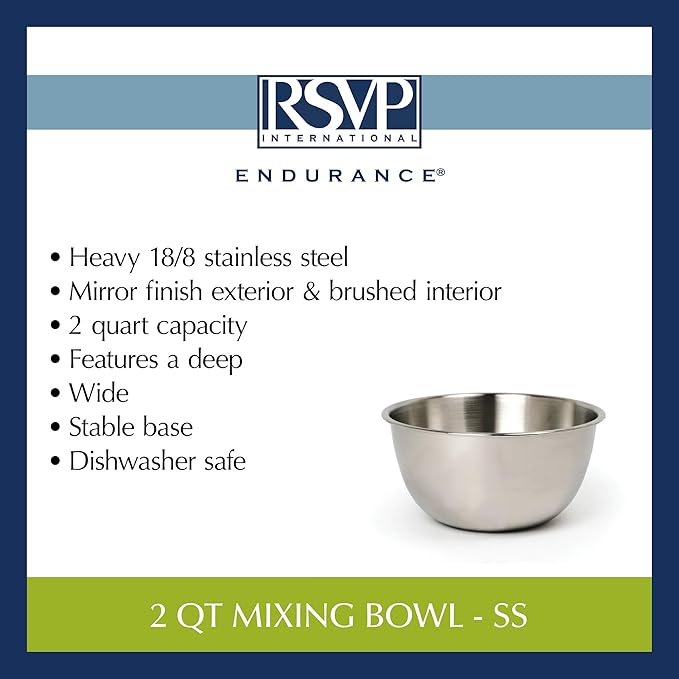 RSVP International Endurance Stainless Steel Mixing Bowls, 2 Quart