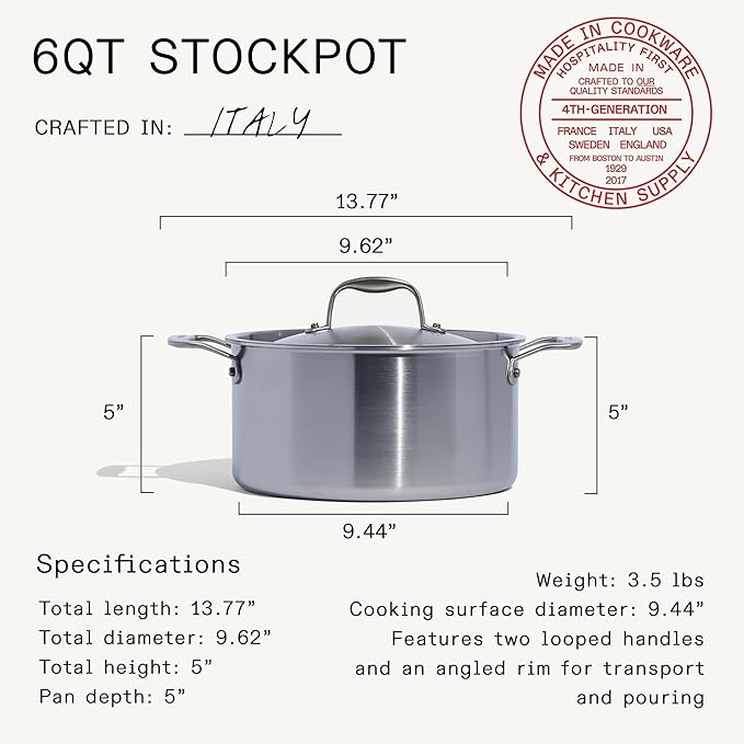 Made In Cookware - 6 Quart Stainless Steel Stock Pot With Lid - 5 Ply Stainless Clad - Professional Cookware - Crafted in Italy - Induction Compatible