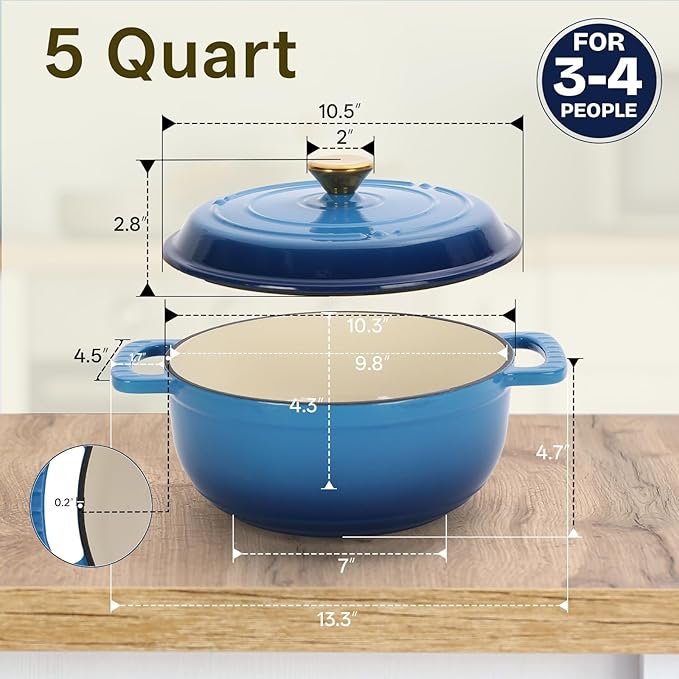 Bonnlo 5QT Round Dutch Oven, Enameled Cast Iron Dutch Oven Pot with Lid & Dual Handles, Oven Safe Up to 500° F, for Sourdough, Bread Baking, Stews and Roasting, Blue