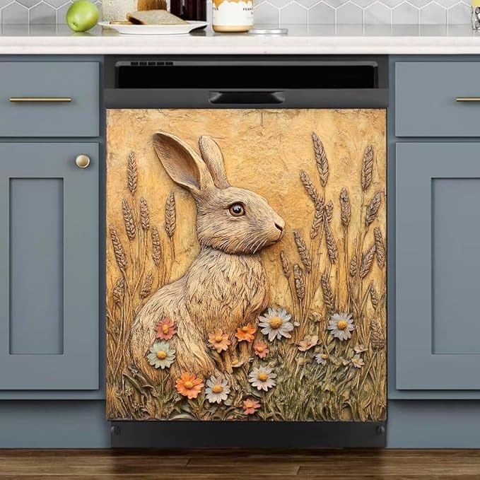 Easter Bunny Dishwasher Magnet Cover, Rabbit Flowers Refrigerator Magnetic Vinyl Sticker for Dishwasher Door, Rustic Farmhouse Floral Decorative Kitchen Appliance Panel Decal, 23Wx26H Inches
