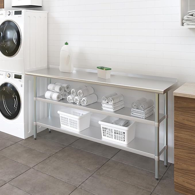 AmGood Stainless Steel Work Table with 1.5" Backsplash and 2 Shelves | Metal Kitchen Food Prep Table | NSF (72" Long x 18" Deep)