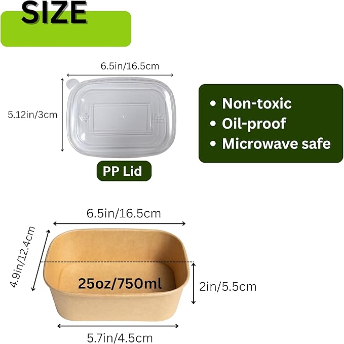 25 oz Disposable Bowls, 50 Sets Large Kraft Square Paper Bowls, Disposable Meal Prep Food Container with Sealing Lid, Microwave Safe Leakproof Serving Bowls, Perfect for Party Lunch Hot Soup
