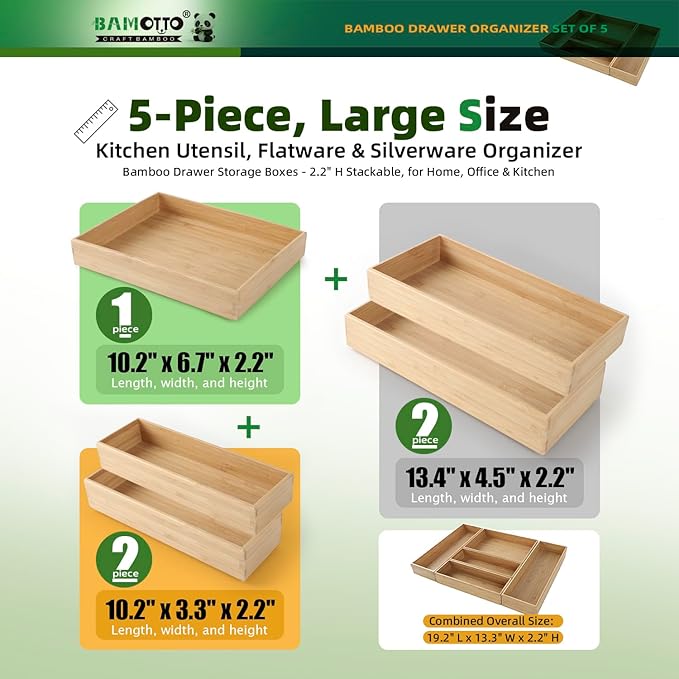 Stack Bamboo Drawer Organizer Set of 5, Kitchen Utensil, Flatware&Silverware Organizer-Wood Laminated Stackable for Kitchen, Bedroom, 13.4''x4.5''*2+10.2''x3.3''*2+10.2''x6.7''*1
