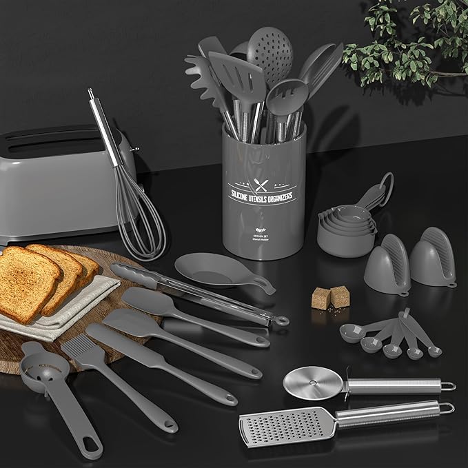 Umite Chef Silicone Kitchen Cooking Utensil Set, 43 pcs Silicone Spatula with Stainless Steel Handle, Non-stick Heat Resistant - Best Cookware (Grey)