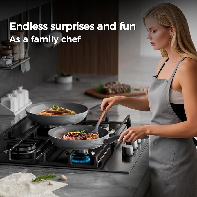 Sanho Diamond-Titanium Ceramic Nonstick Fry Pan Set, 20cm & 26cm Frying Pans, PFAS PFOA PTFE Free, Dishwasher Safe & Induction Compatible Cookware with Cool-Touch Handle, Gray