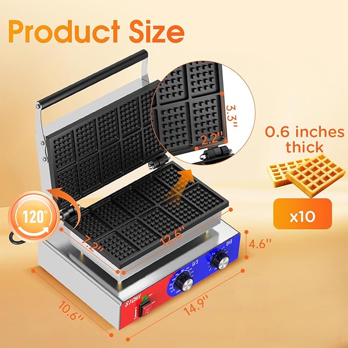 Square Waffle Maker - Commercial Waffle Iron w/Non-stick Baking Pans, 550 ℉ Temperature and Timers, 1550W Hotel Waffle Machine for Double Baking, Professional Stainless Steel Waffle Maker