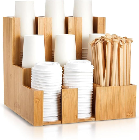 Bamboo Vertical Coffee Cup and Lid Dispenser, Coffee Condiment Organizer, 9 Compartment for Disposable Paper & Plastic Cup, for Cabinet Station Home Countertop Bar 13''l x 13''w x 12''h