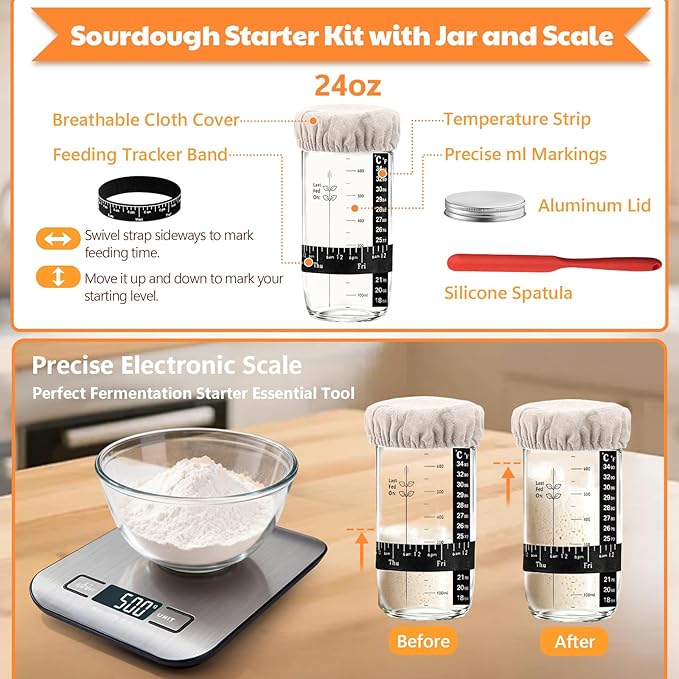 Sourdough Starter Kit with Scale, Banneton Bread Proofing Basket, Sour Dough Starter Jar, Complete Sourdough Bread Baking Supplies Tools, Full Sourdough Bread Making Tool, Gift Set for Bakers Beginner