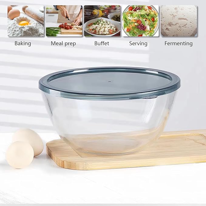 4.7QT Large Glass Mixing Bowl with Lid, Clear Glass Salad Cooking Bowls for Sourdough, Salad and Storage Prepping and Baking Food Storage Set