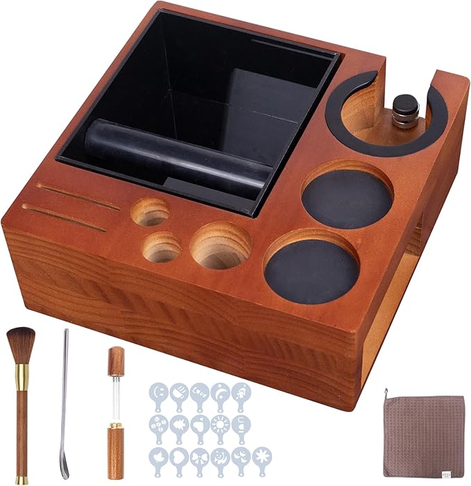 21pcs Espresso Knock Box Set,Espresso Tamping Station,Tamping Station Fit for Storage 51/54/58mm Coffee Accessories,Detachable Coffee Dump Bin,Includes WDT Tool,Brush,Towel,Spoon,Decorative Stencils