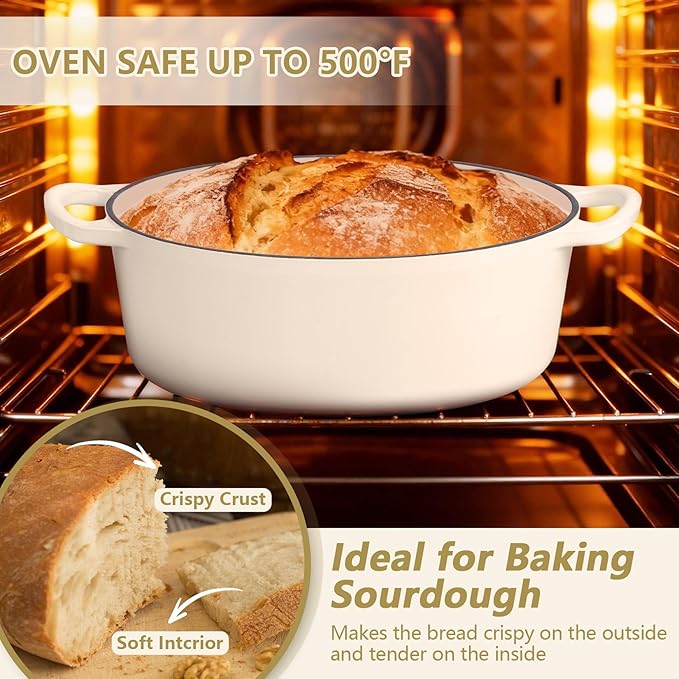 P&P CHEF Oval Dutch Oven with Lid, Enameled Cast Dutch Oven Pot for Bread Baking, Braising, Stewing, Roasting, Non-Stick & Oven Safe, Dual Handles & Easy Clean, 5QT & White, Valentine's Day