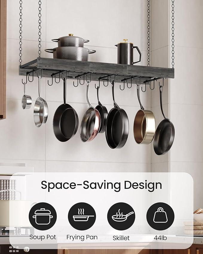 Hanging Pot Rack, 35.4" L x 13" W Ceiling Pot Hanger, Industrial Style Pot Rack, Wall Mounted Pot Hanger for Kitchen, Pot and Pan Hanging Rack, with Hooks, Charcoal Black and Black TPR12BCC1