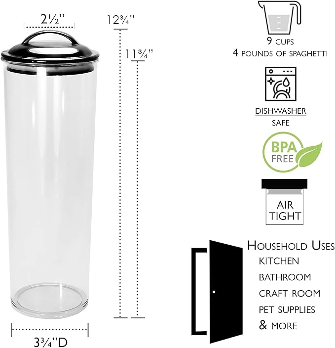 Reston Lloyd Tall Clear Spaghetti Pasta Storage Canister Container with Airtight Lid BPA Free for Kitchen Pantry Organization, Black