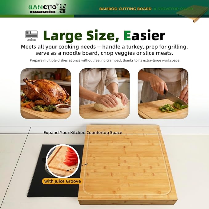 20 x 22 Inch Bamboo Cutting Board, Stovetop Cover and Over-the-Sink Board with Detachable Legs & Non-Slip Front Lip, Reversible Kitchen Counter Chopping Board