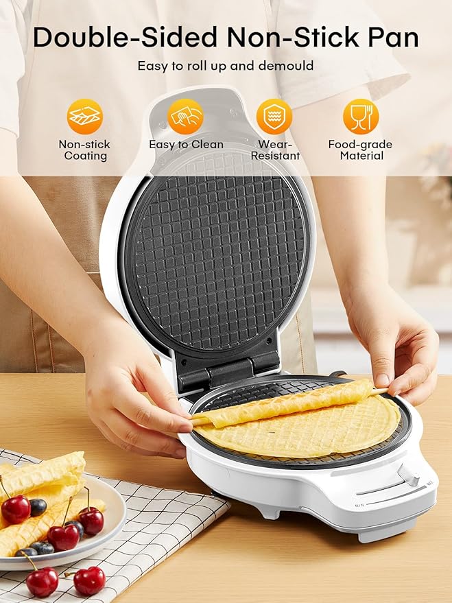 FOHERE Waffle Cone Maker Machine and Ice Cream Bowl Maker with Temperature Control, Double Side Nonstick Waffle Bowl Maker with Cone Roller, 7.5” Thin Waffle Maker for Home Kitchen (White)