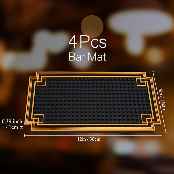 4 Pcs Bar Mat 12 x 6 Inch Non Slip Rubber Mat with Gold Border Durable Stylish Spill Cocktail Service Coffee Mats for Restaurants Barbershop Clippers Bartending, Black