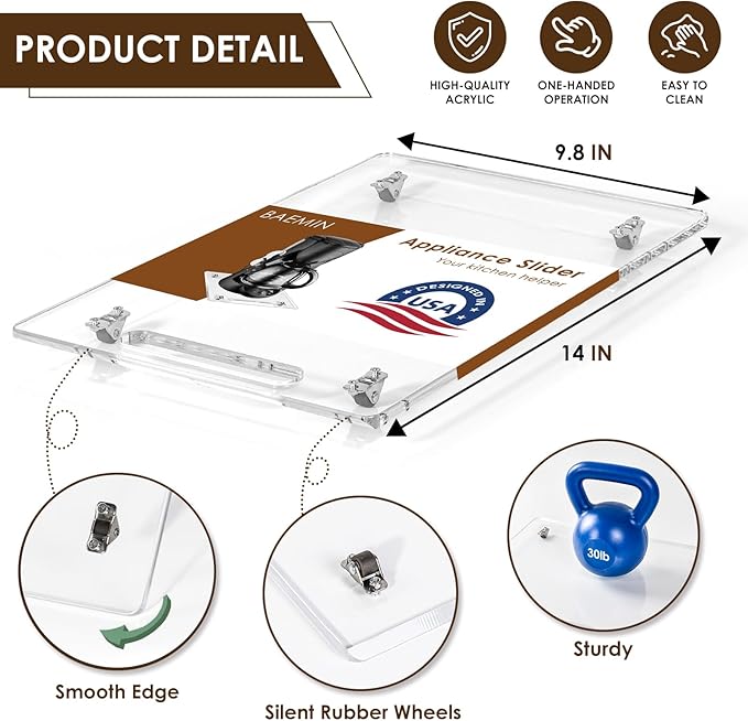 Acrylic Appliance Slider with Rubber Wheels, Sliding Tray for Heavy Kitchen Appliances, Coffee Maker Slider Tray for Counter, Countertop Moving Tray Accessories for Kitchen - 9.8" x 14" (Clear)