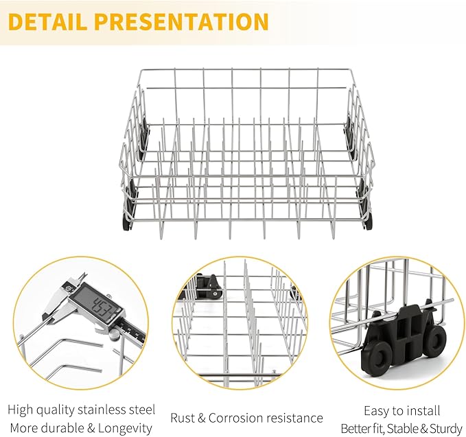 Stainless Steel W10728159 Dishwasher Lower Rack Replacement for KitchenAid Maytag Dishwasher Parts with Wheels W10525646 KDFE104DSS2 Lower Dishrack 22" x 20.7" Whirlpool Dishwasher Bottom Rack Drawer
