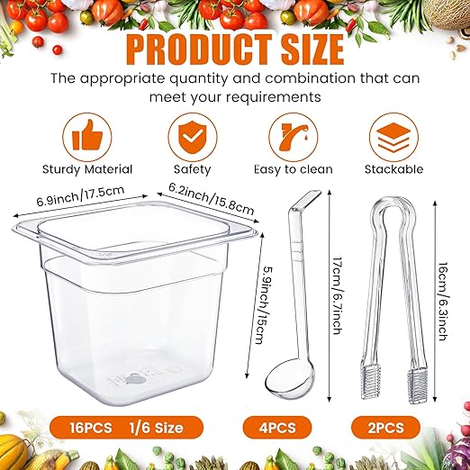 Rtteri 22 Pcs 1/6 Size Clear Plastic Pans Set: 16 Food Prep Containers & 2 Tongs & 4 Spoons for Salad Bar Buffet Restaurant Hotel Commercial Home for Fruit Vegetable Sauce Bean Corn Deli(6 Inch Deep)