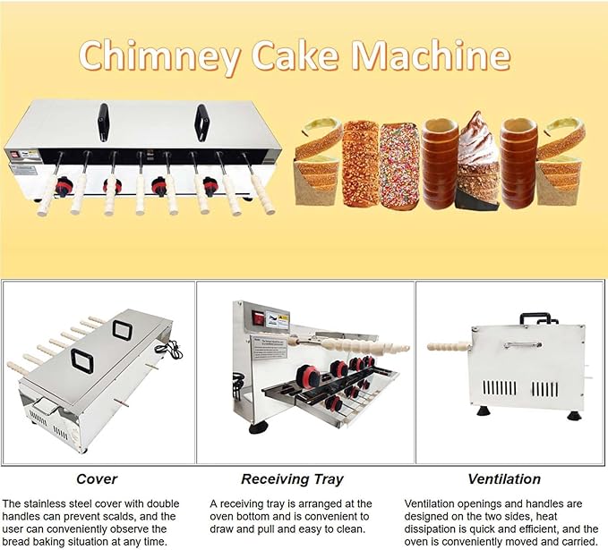 220V LP Gas Chimney Cake Baking Machine Stainless Dtee Commercial 8 pcs Molds Roller Ice Cream Cone Oven Chimney Bread Roll Maker For Restaurant Home 50W