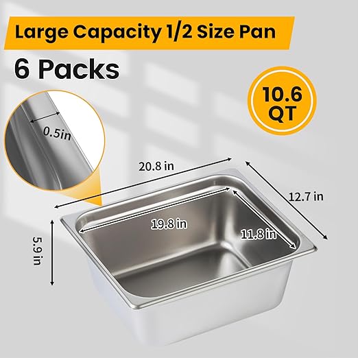 Aplancee 1/2 Hotel Pans 6 Inch Deep Stainless Steel Food Pan - Anti-Jam 6 Pack Steam Table Pan Set for Catering, Buffet Use, Kitchen Prep
