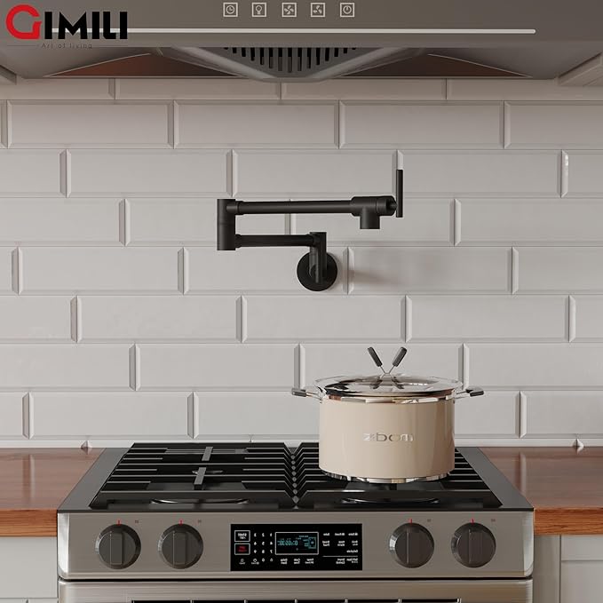GIMILI Pot Filler Faucet Matte Black Wall Mount Folding Over Stove Double Joint Swing Arm Kitchen Faucet