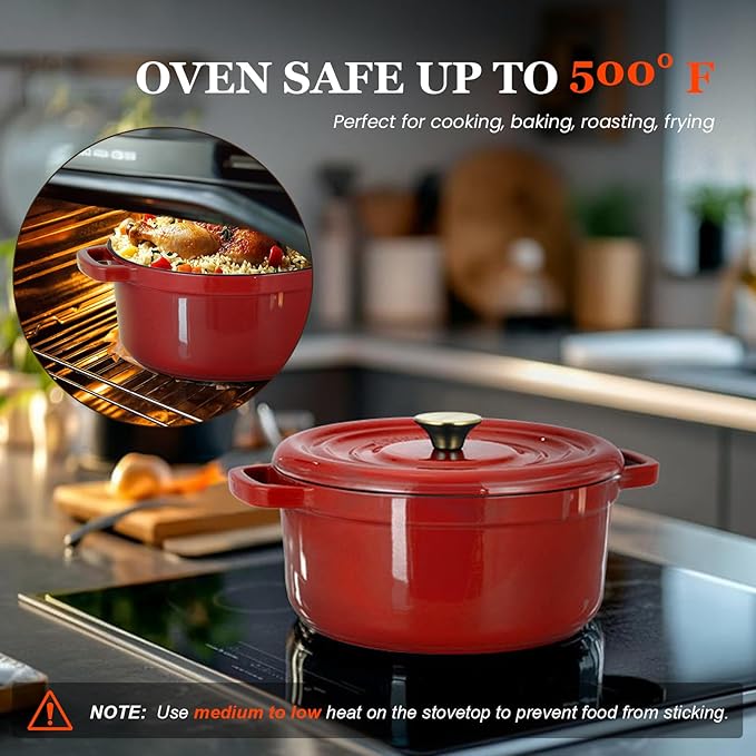 Overmont Enameled Cast Iron Dutch Oven - 5QT Pot with Lid Cookbook & Cotton Potholders - Heavy-Duty Cookware for Braising, Stews, Roasting, Bread Baking red