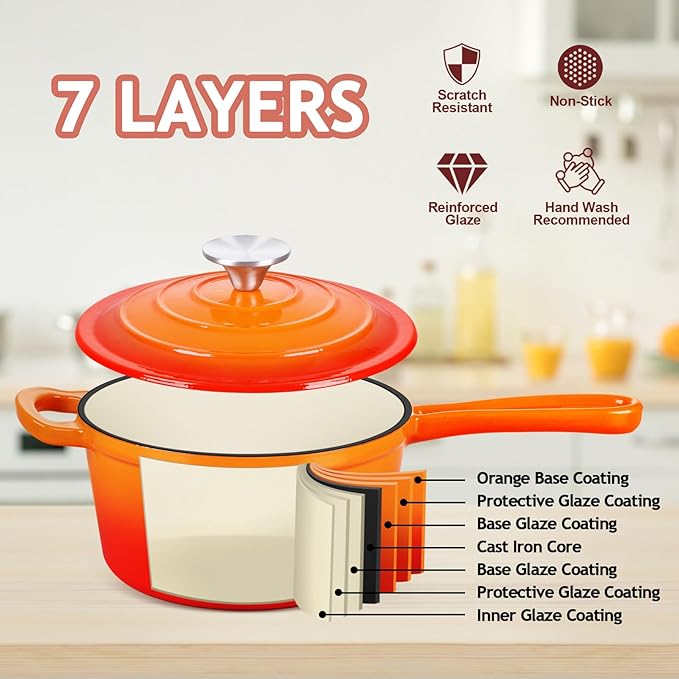 TeamFar Enameled Cast Iron Sauce Pan, 1QT Small Sauce Pot with Lid, Mini Dutch Oven Saucepan for Cooking/Simmering/Baking/Boiling, Sturdy & Nonstick, Oven Safe & Fit for Induction- Orange
