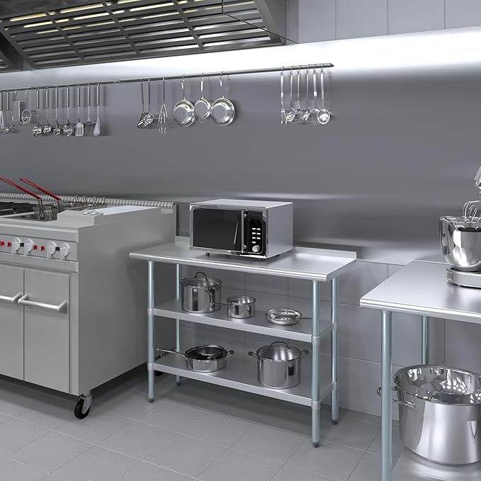 AmGood Stainless Steel Work Table with 1.5" Backsplash and 2 Shelves | NSF (48" Long x 18" Deep)