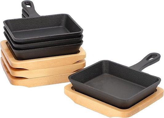Megachef Cast Iron Mini Fry Pan/Saute Pan with Wood Tray, Cookware, Bakeware, Serveware (4 Piece)