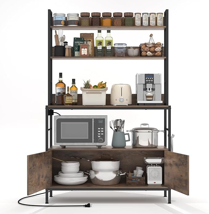 5-Tier Kitchen Baker’s Rack with Power Outlet,Large Bakers Rack with Storage Cabinet, Heavy Duty Oven Stand Microwave ,Free Standing Kitchen Utility Shelf with Storage,Shelf Organizer with Hooks